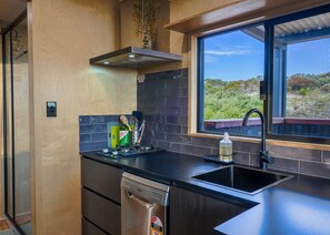 A modern kitchen with a black countertop, stainless steel appliances, and a window with a view of greenery.