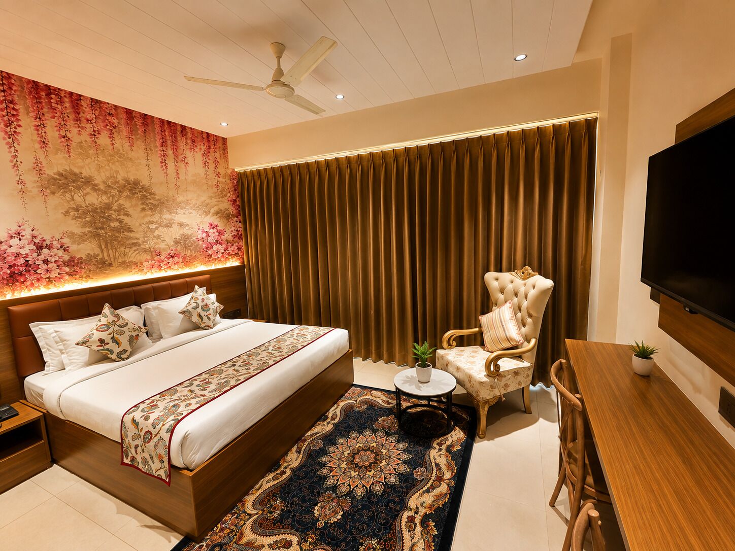 Quarto de hotel moderno com uma cama grande, um espaço de estar com uma cadeira e mesa, uma televisão e um detalhe decorativo na parede.