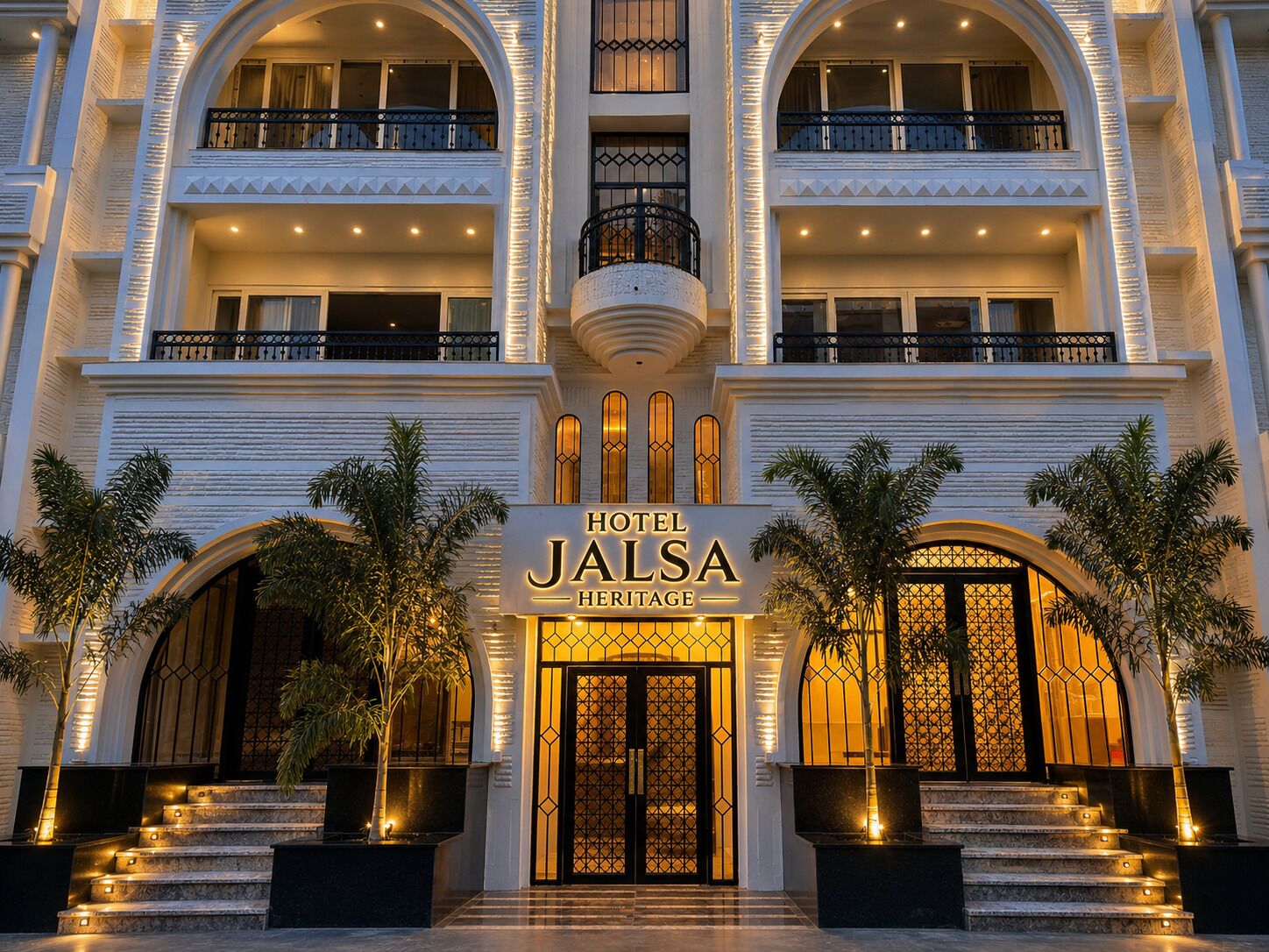A multi-story hotel with a prominent entrance, balconies, and a sign reading 'HOTEL JALSA HERITAGE'.