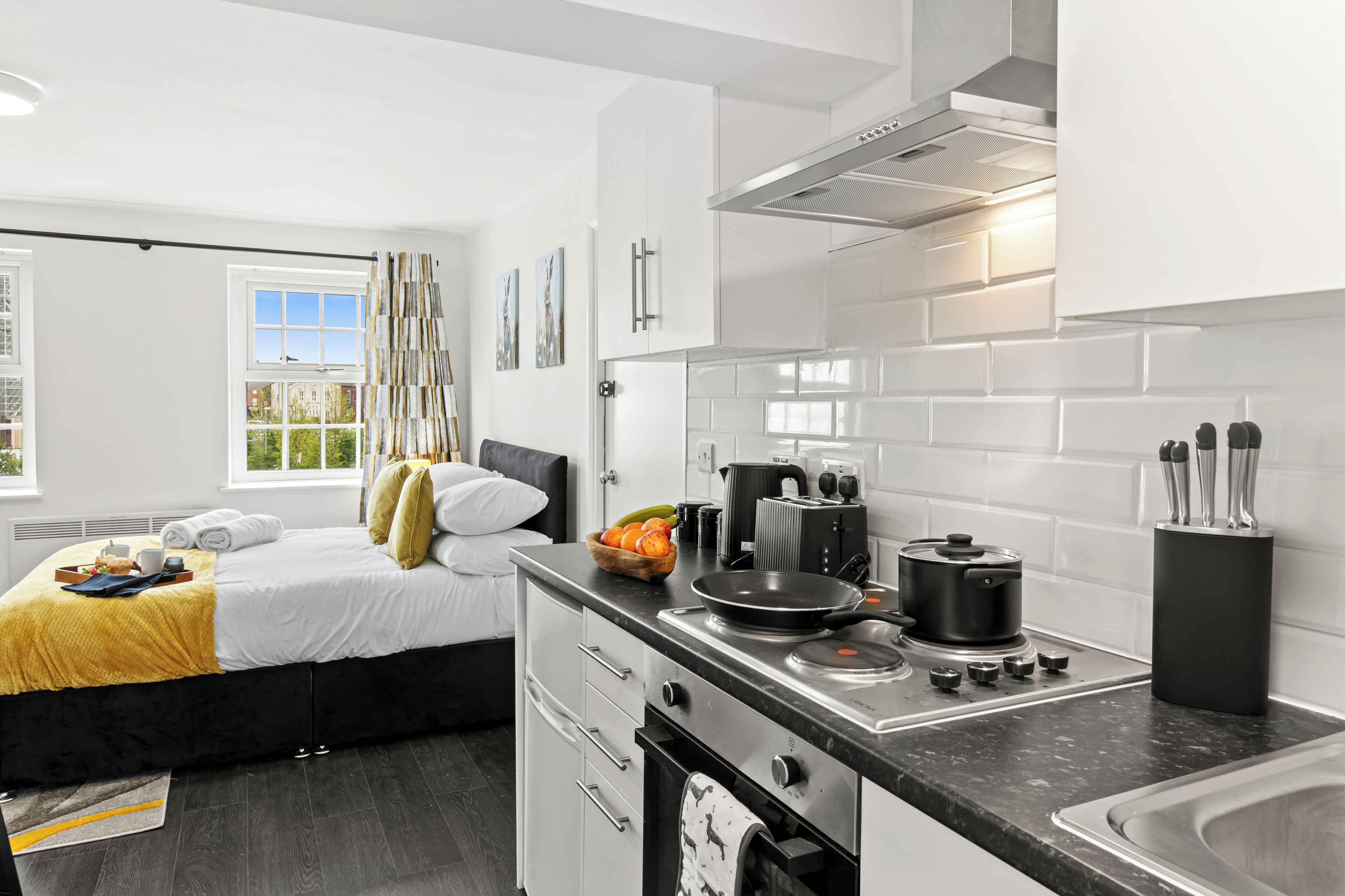 Fridge, microwave, stovetop, electric kettle