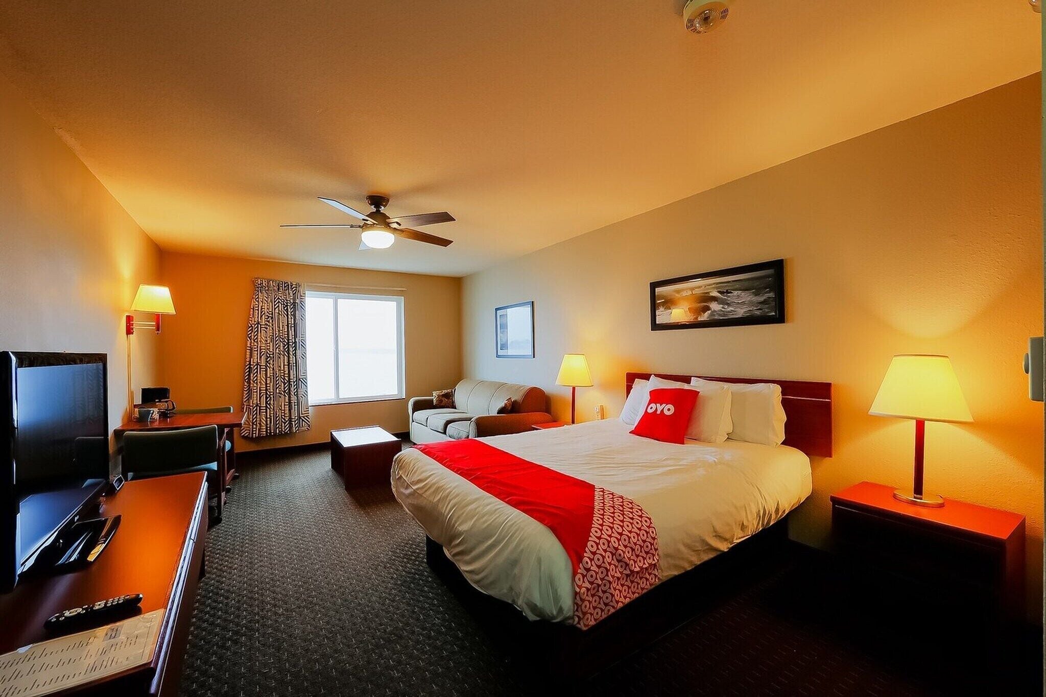 Habitación de hotel con cama, escritorio, televisor y ventilador de techo.
