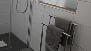 Een moderne badkamer met een douchecabine van glas, een handdoekrek en een spiegel.