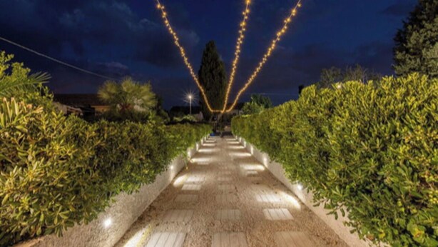 Un sendero bordeado por setos con luces que guían hacia un edificio.