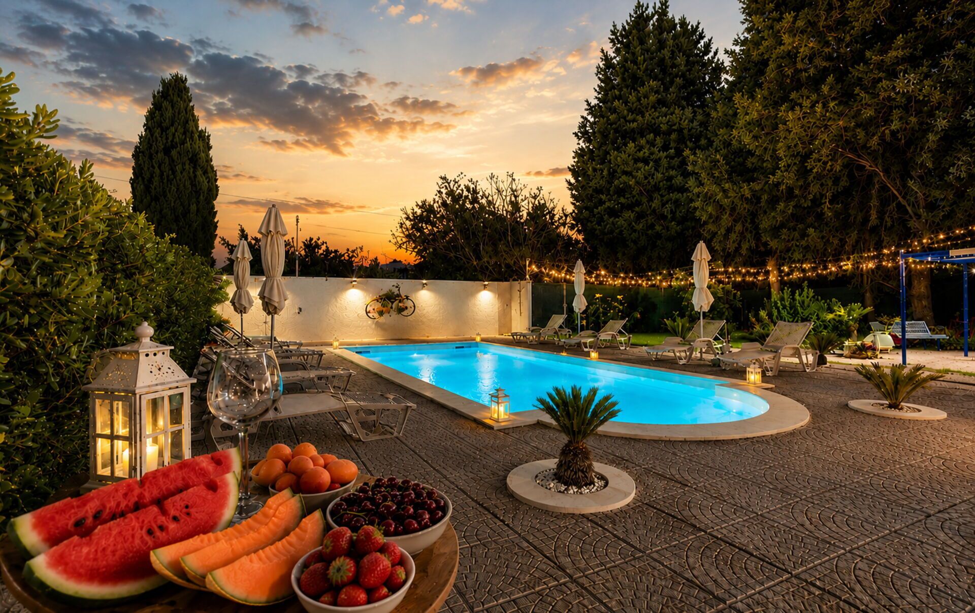An outdoor swimming pool area with lounge chairs, a fruit bowl, and decorative lighting.