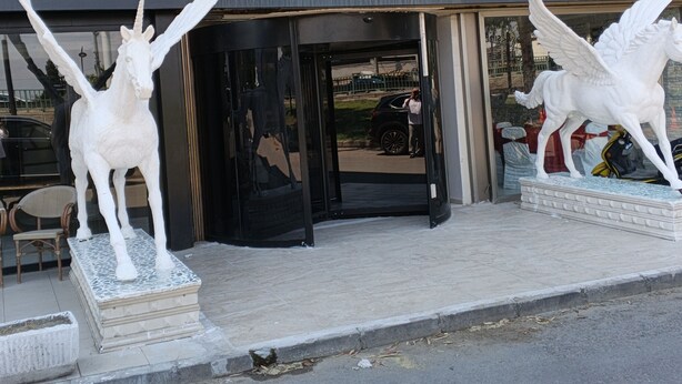 El exterior del HOTEL SARDIS BUTIK, con una entrada de vidrio, estatuas blancas de ángeles y caballos, y una vista despejada de la calle.