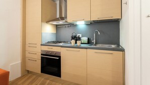 Una cocina compacta con estufa a gas, horno y lavamanos.