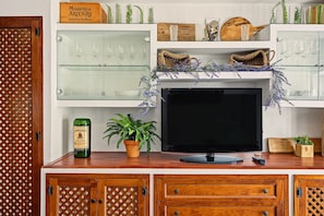 Ein Wohnzimmer mit Fernseher, Regalen mit Gläsern, einer Jameson Whiskey Flasche und einer Zimmerpflanze.
