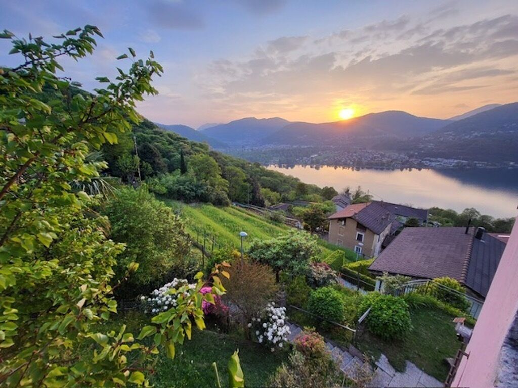 Vista desde una colina con un lago, casas y un atardecer.