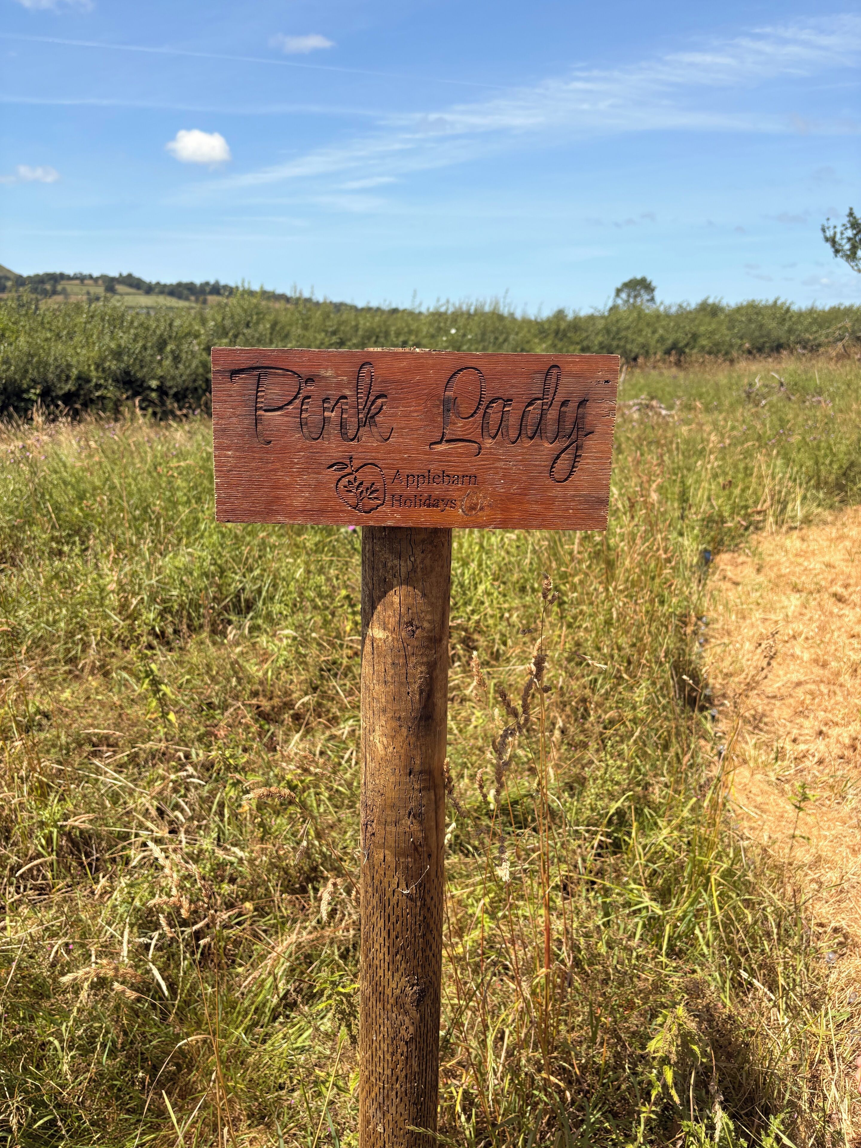 A wooden sign with 'Pink Lady' and 'Applebarn Holidays' written on it, set against a grassy field with a clear sky.