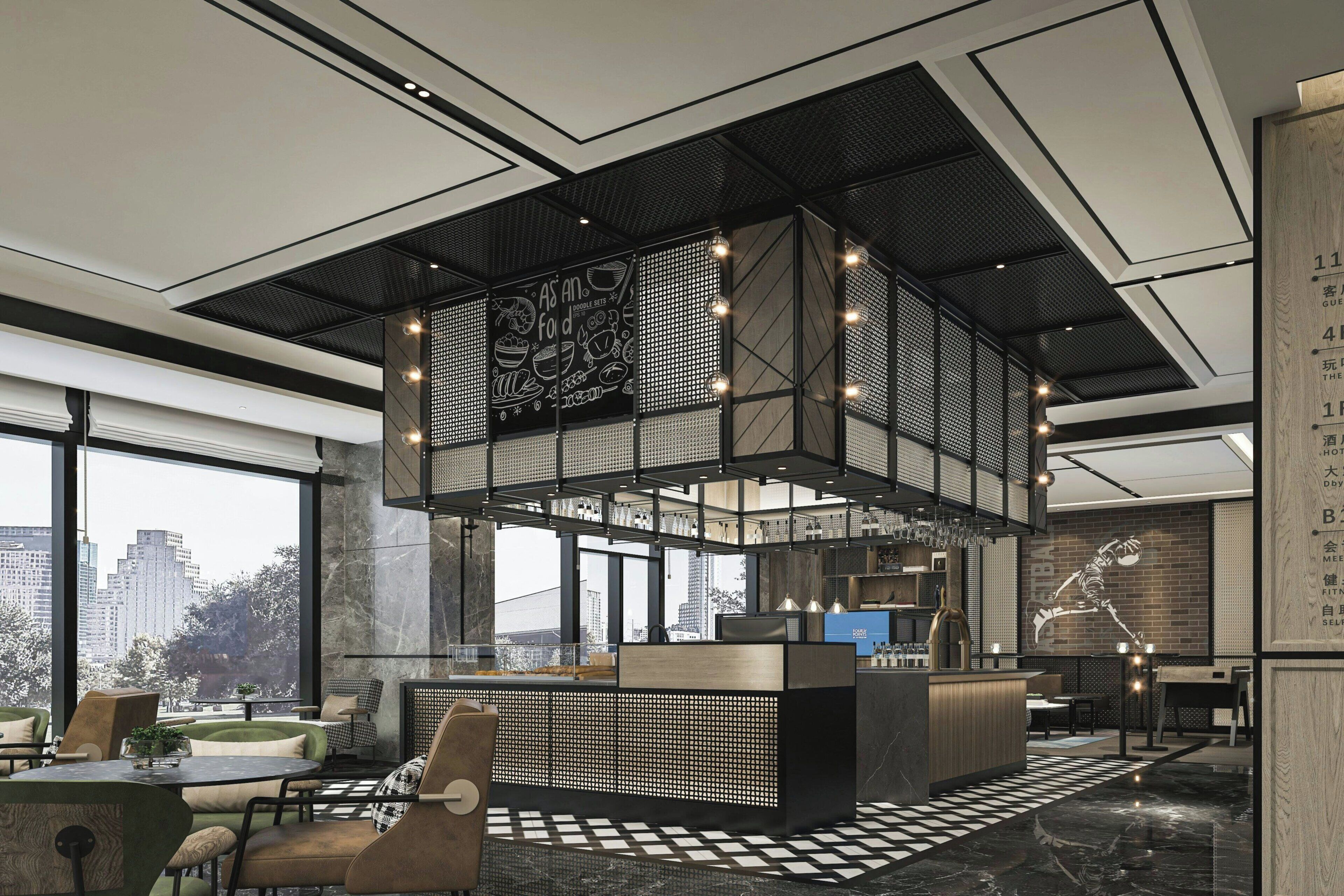 A modern interior with a central seating area, a bar, and a city view.