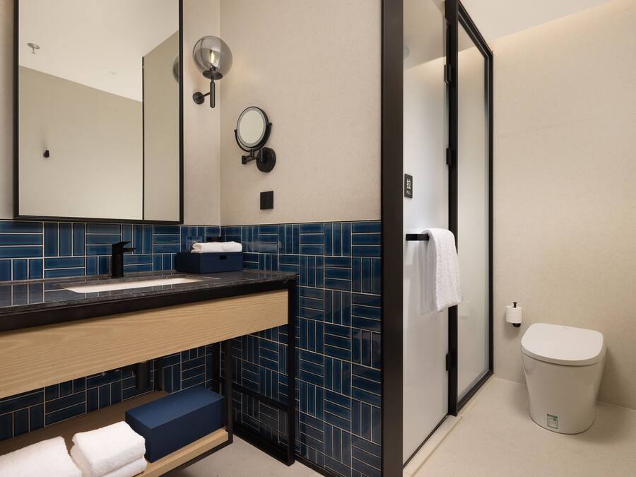 A modern bathroom with a sink, mirror, and toilet.