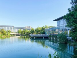 Un edificio moderno con fachada de vidrio, un puente sobre un cuerpo de agua tranquilo y exuberante vegetación.