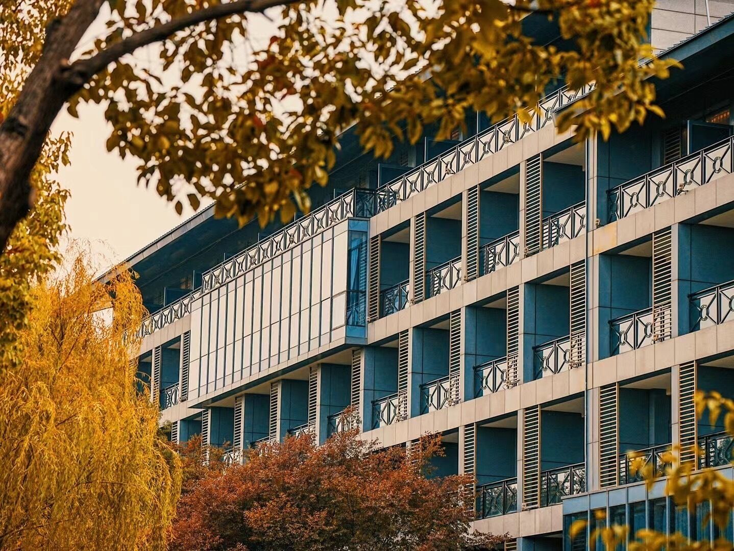 Un edifici de diversos pisos amb un estil arquitectònic modern, amb una sèrie de balcons i baranes de metall.