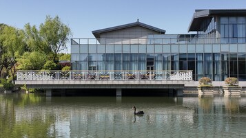 Un edificio moderno con fachada de vidrio, un puente con barandilla y un cisne en el agua.