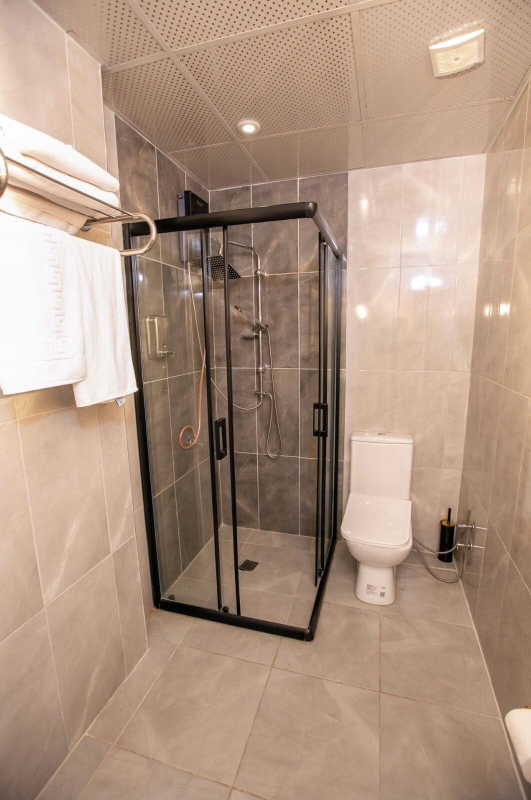 Een moderne badkamer met een douche met glazen wand, een toilet en een handdoekhouder.