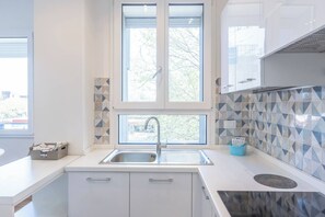 Kühlschrank, Mikrowelle, Herdplatte, Geschirrspüler