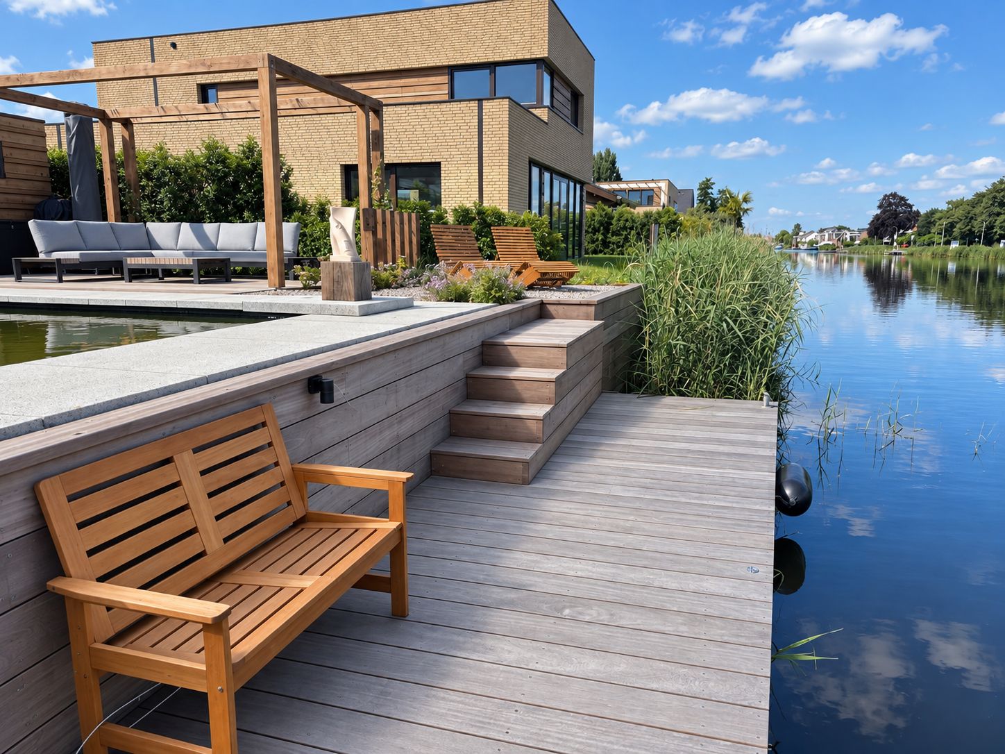 Een houten terras met een bank, een zwembad en een modern gebouw op de achtergrond.