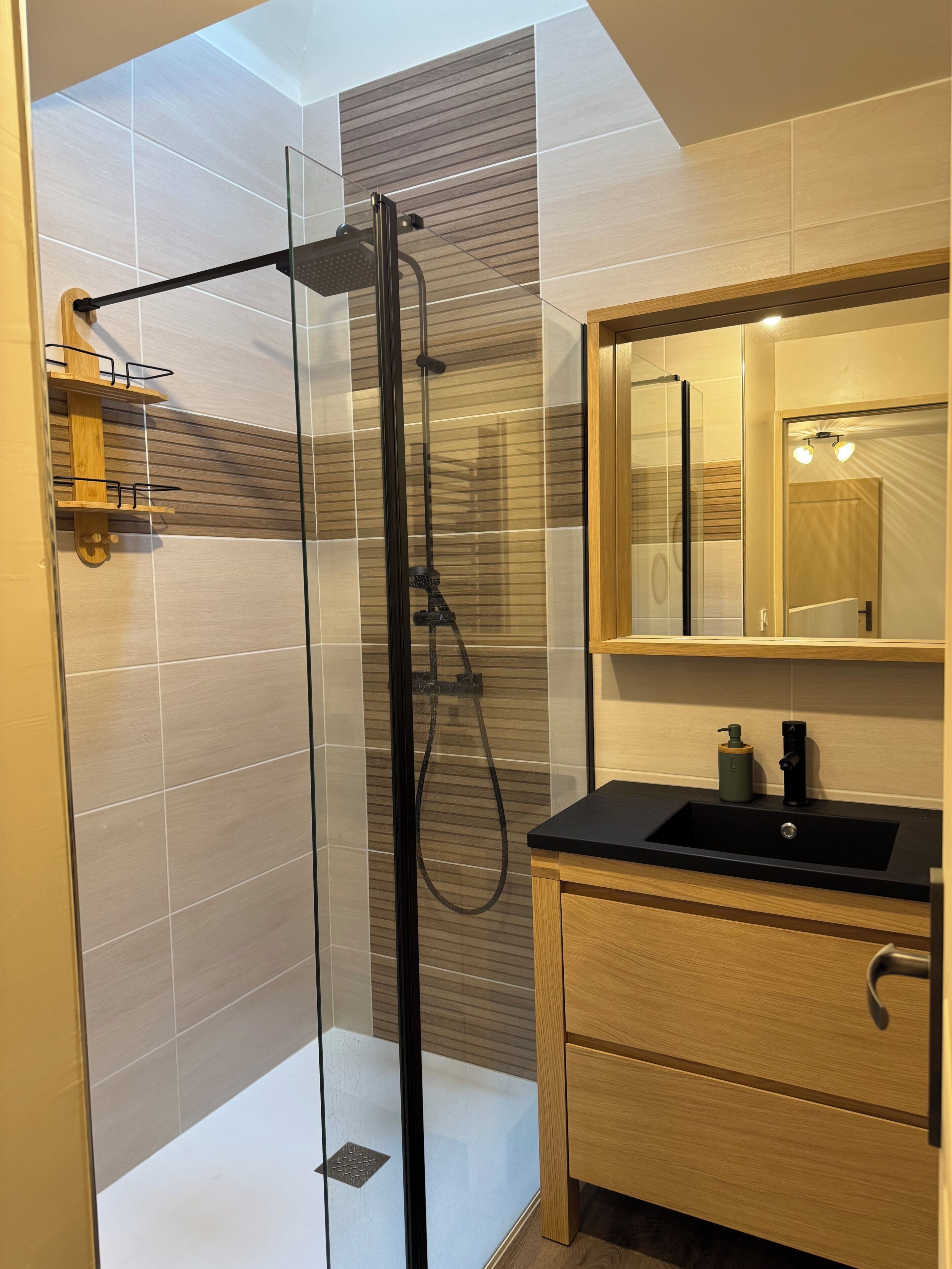 Shower, hair dryer, towels, toilet paper