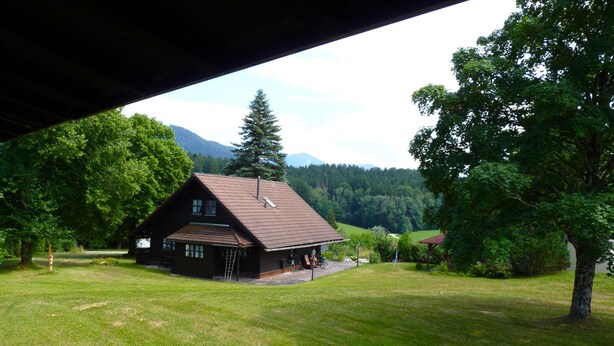 Eine rustikale Holzhütte mit geneigtem Dach, umgeben von einer Wiese und Bäumen, mit Bergen im Hintergrund.