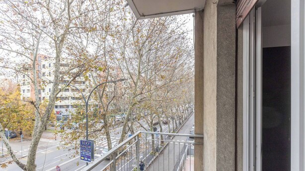Ein Balkon mit Blick auf eine von Bäumen gesäumte Straße, ein Schild für einen Laden und einen Fußweg.