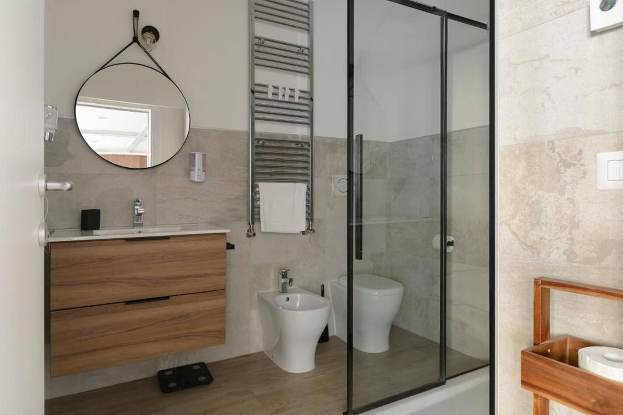 Shower, hair dryer, bidet, towels