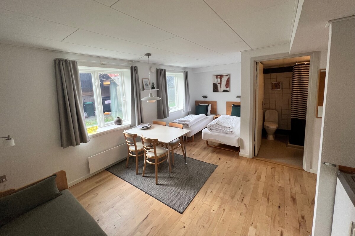Een compacte kamer met een eettafel, twee bedden, een kleine badkamer en uitzicht door een raam.