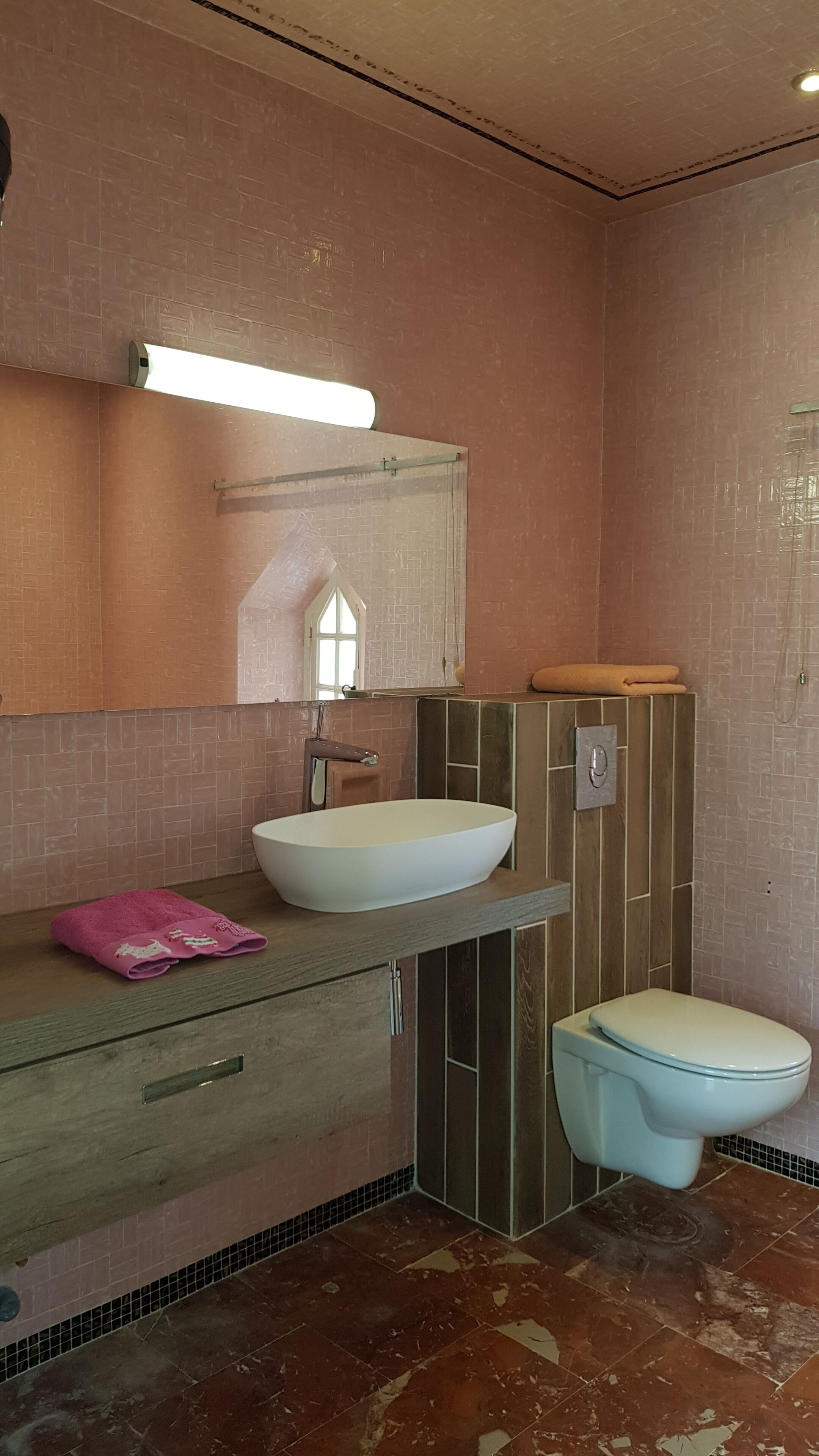 A bathroom with a large white sink, a mirror above it, a toilet, and a towel rack.