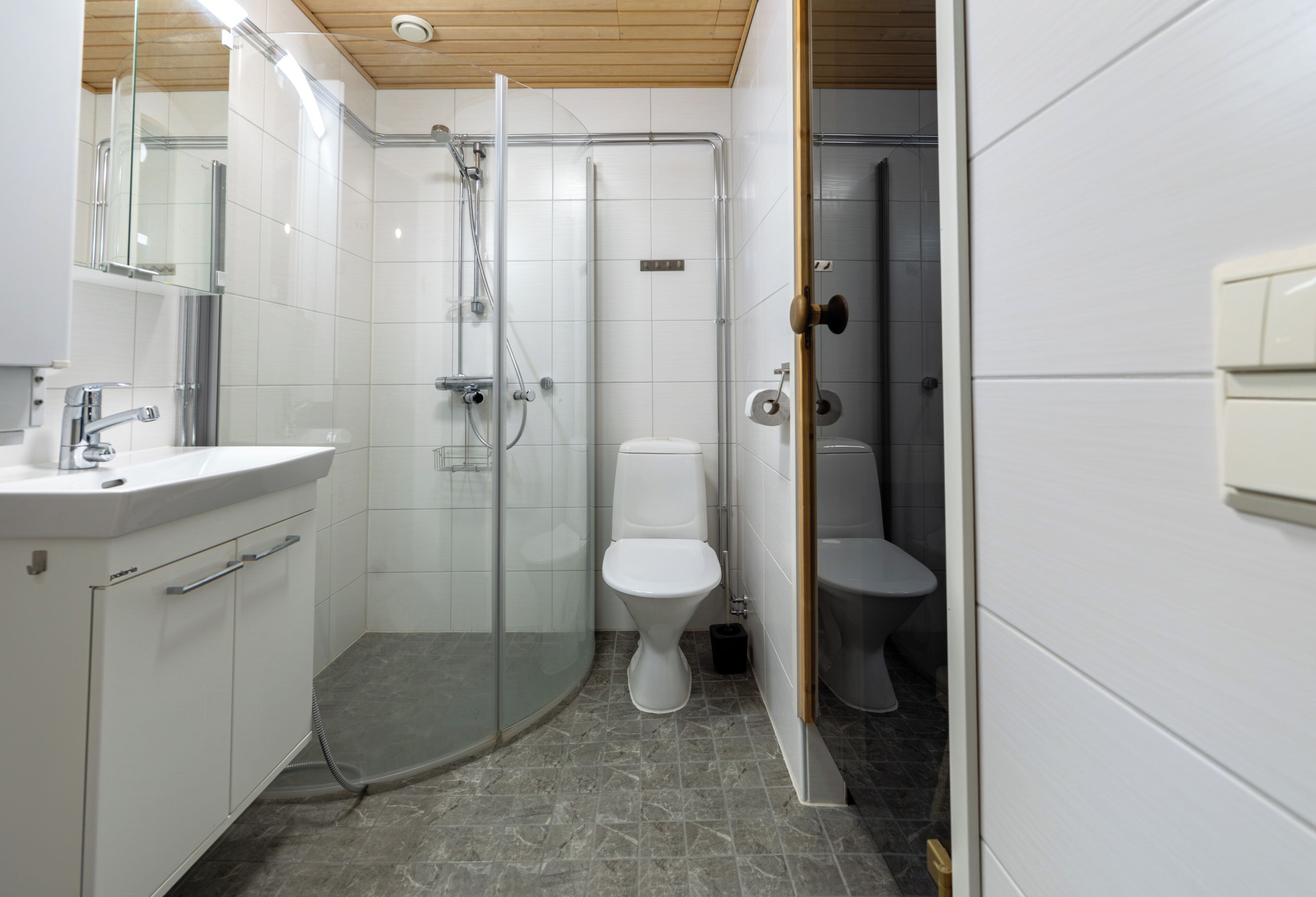Ein modernes Badezimmer mit Duschkabine aus Glas, einer weißen Toilette und einem Waschbecken mit Spiegel.