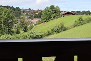Ländliche Landschaft mit Häusern an einem Hügel, ein Holzhaus mit geneigtem Dach und eine Kuh beim Grasen.