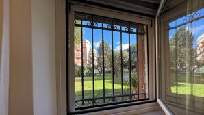 Ein Fenster mit einem Metallgitter, Blick auf eine grüne Rasenfläche und ein Gebäude im Hintergrund.