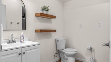 A bathroom with a white sink, mirror, toilet, and wooden shelves.