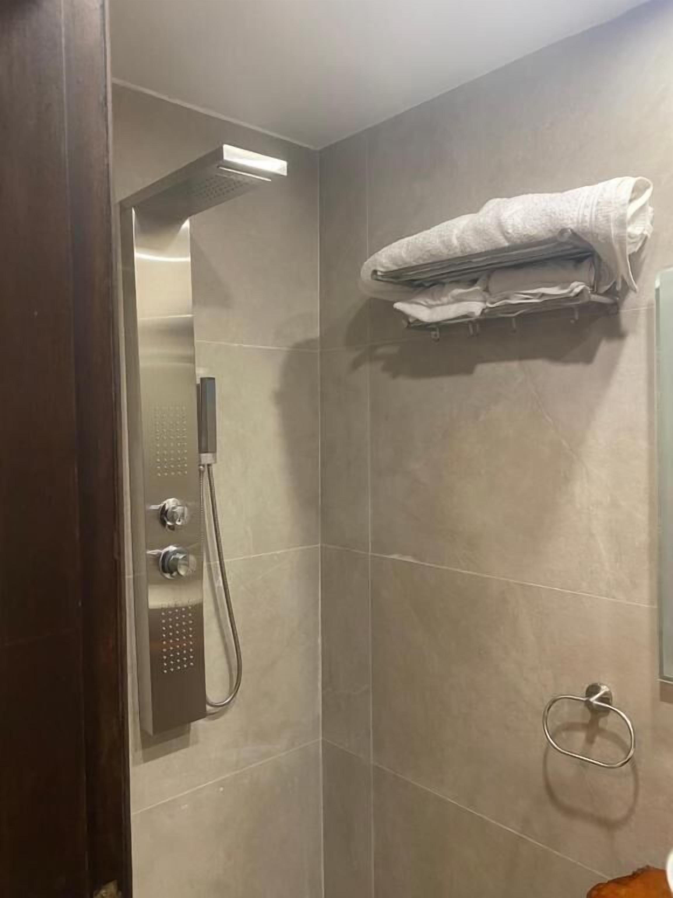 Una ducha con cabezal de ducha manual, un perchero con toallas dobladas y un aro metálico para toallas en la pared.