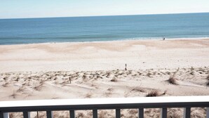 Una playa con una vista despejada del océano y una zona arenosa con vegetación escasa.