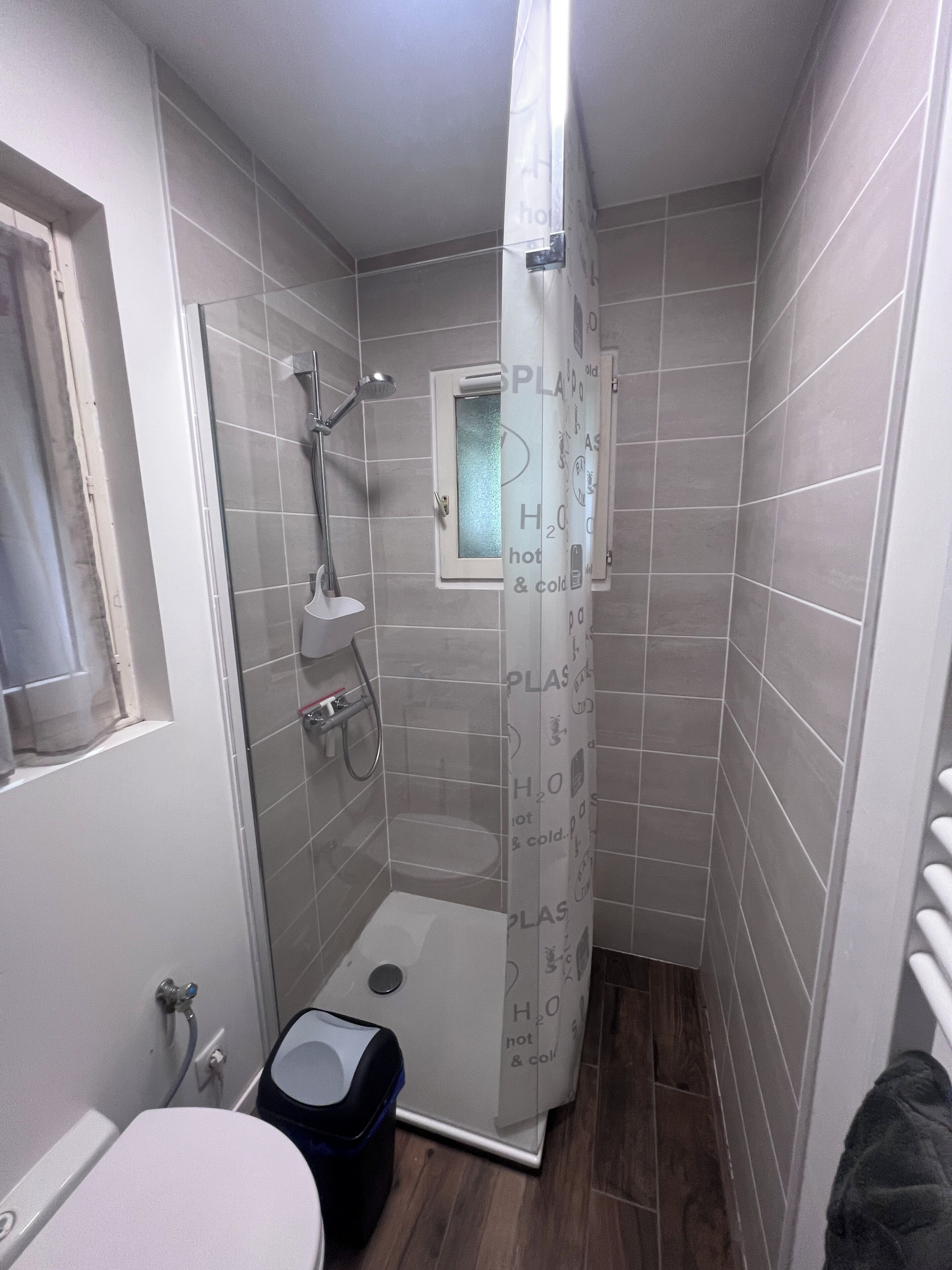 Shower, bidet, towels, soap