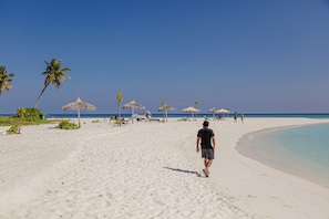 Una playa arenosa con sombrillas de paja y palmeras.