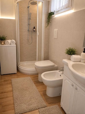 Dusche, Haartrockner, Handtücher, Seife