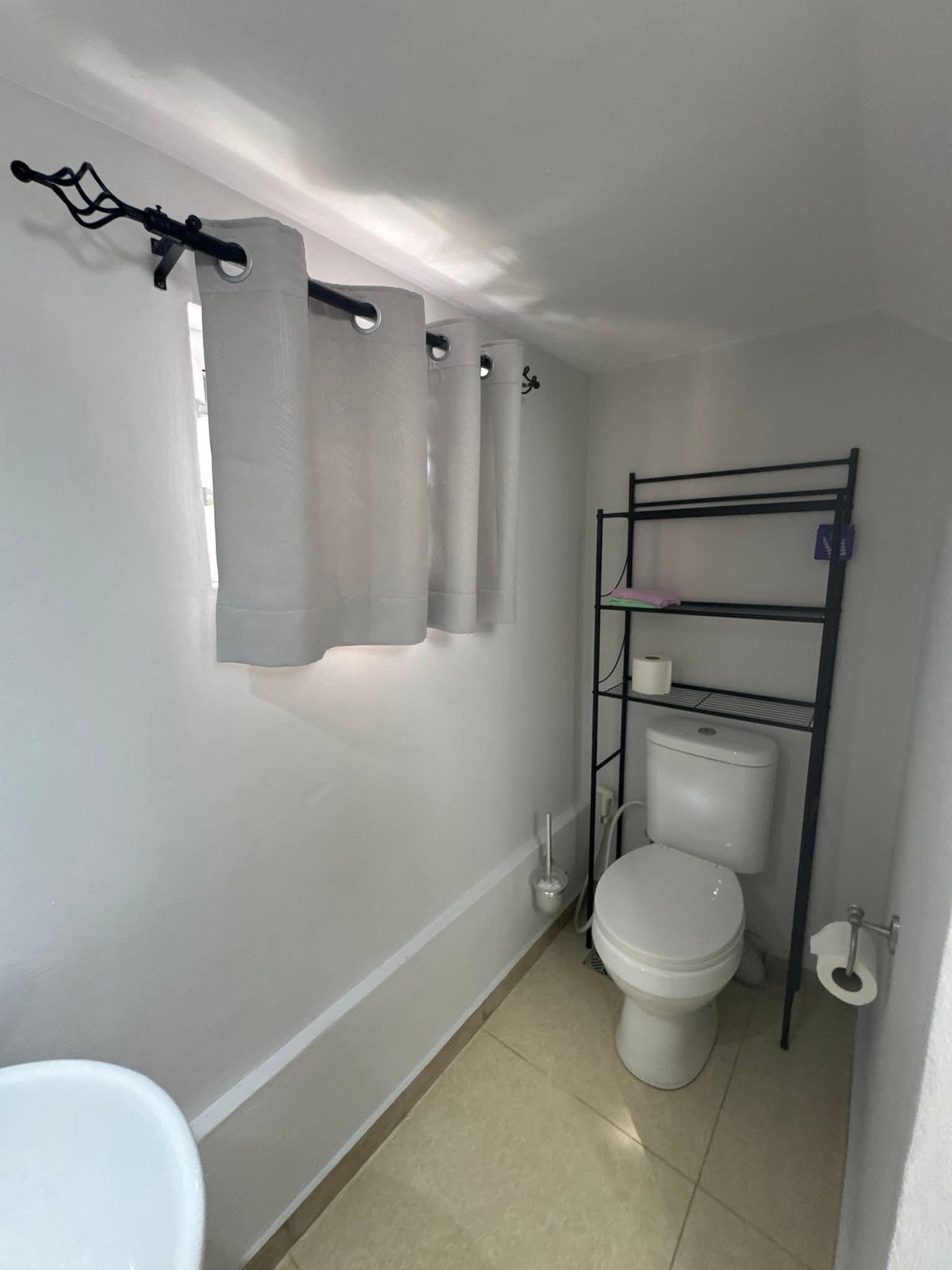 Ein kleines, sauberes Badezimmer mit Toilette, Ablagefläche für Pflegeartikel und Duschvorhang.