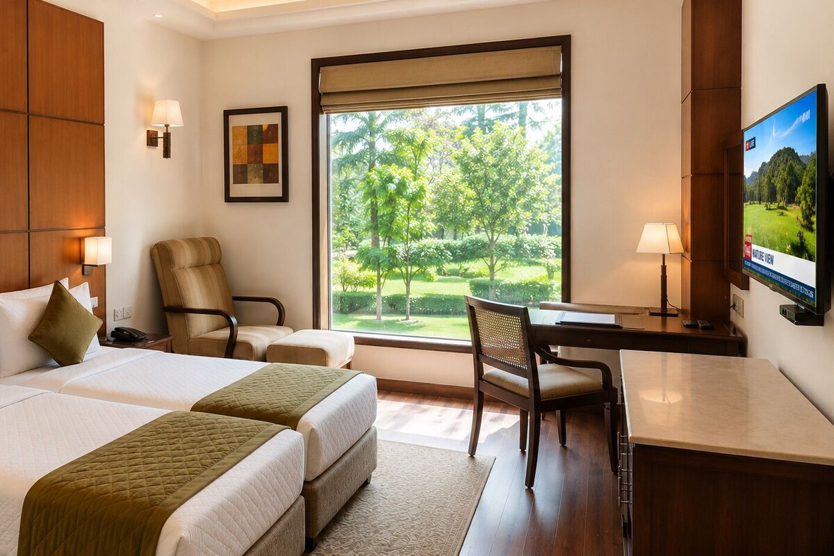 A hotel room with two beds, a desk, a chair, a TV, and a large window with a view of greenery.