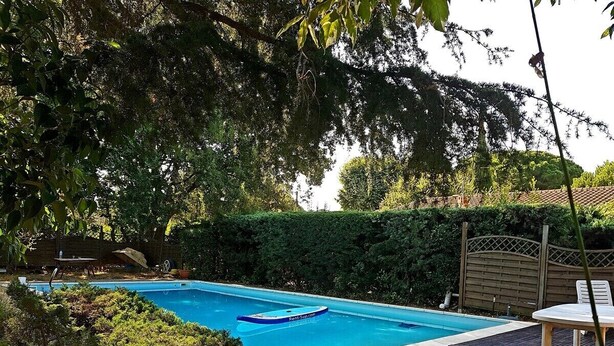 Ein rechteckiger Pool mit Holzterrasse und Liegestuhl.