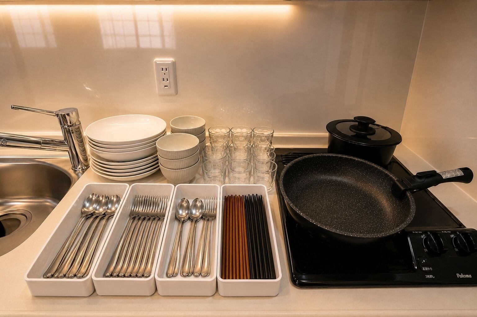 A kitchen with a stove, pots, and utensils neatly arranged on the counter.