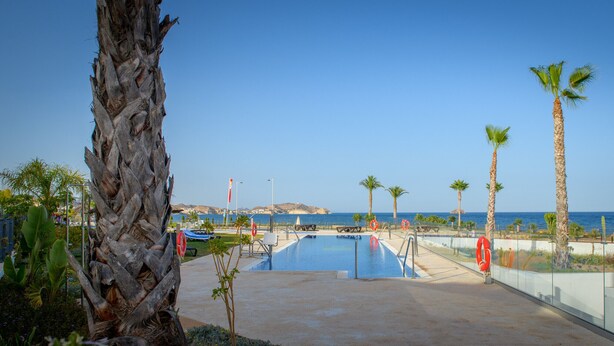 Zona de piscina amb palmeres, un flotador i vista al mar.