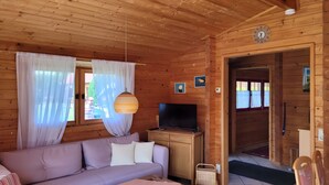 Interior de una cabaña de madera con sofá, televisión, cortinas y una puerta que da al exterior.