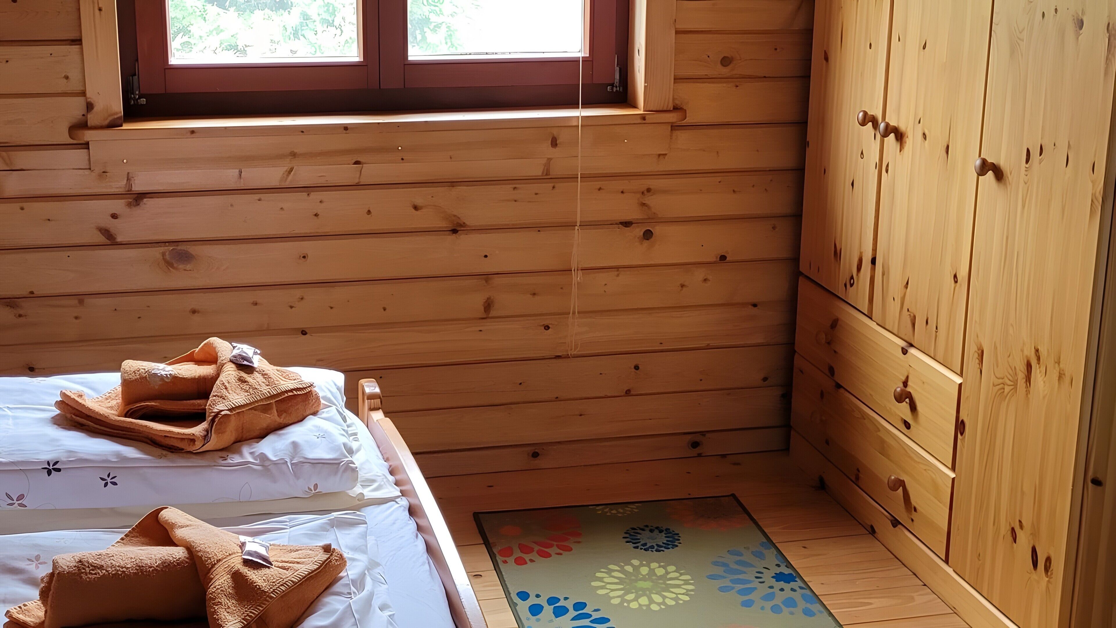 A wooden cabin room with a bed, a window, and a wardrobe.