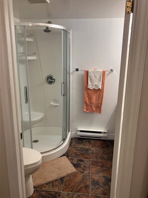 Dusche, Haartrockner, Handtücher, Seife