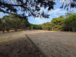 Ein Volleyballplatz, umgeben von Bäumen, mit blauem Himmel.