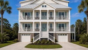 A two-story house with a front porch, a garage, and a well-maintained lawn. - Buoy Haus: Brand-New 2027 Inlet Front Escape w/Pool, Spa & Dock (Murrells Inlet)