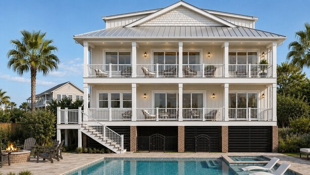 A two-story house with a balcony, a swimming pool, and a fire pit. - Buoy Haus: Brand-New 2027 Inlet Front Escape w/Pool, Spa & Dock (Murrells Inlet)