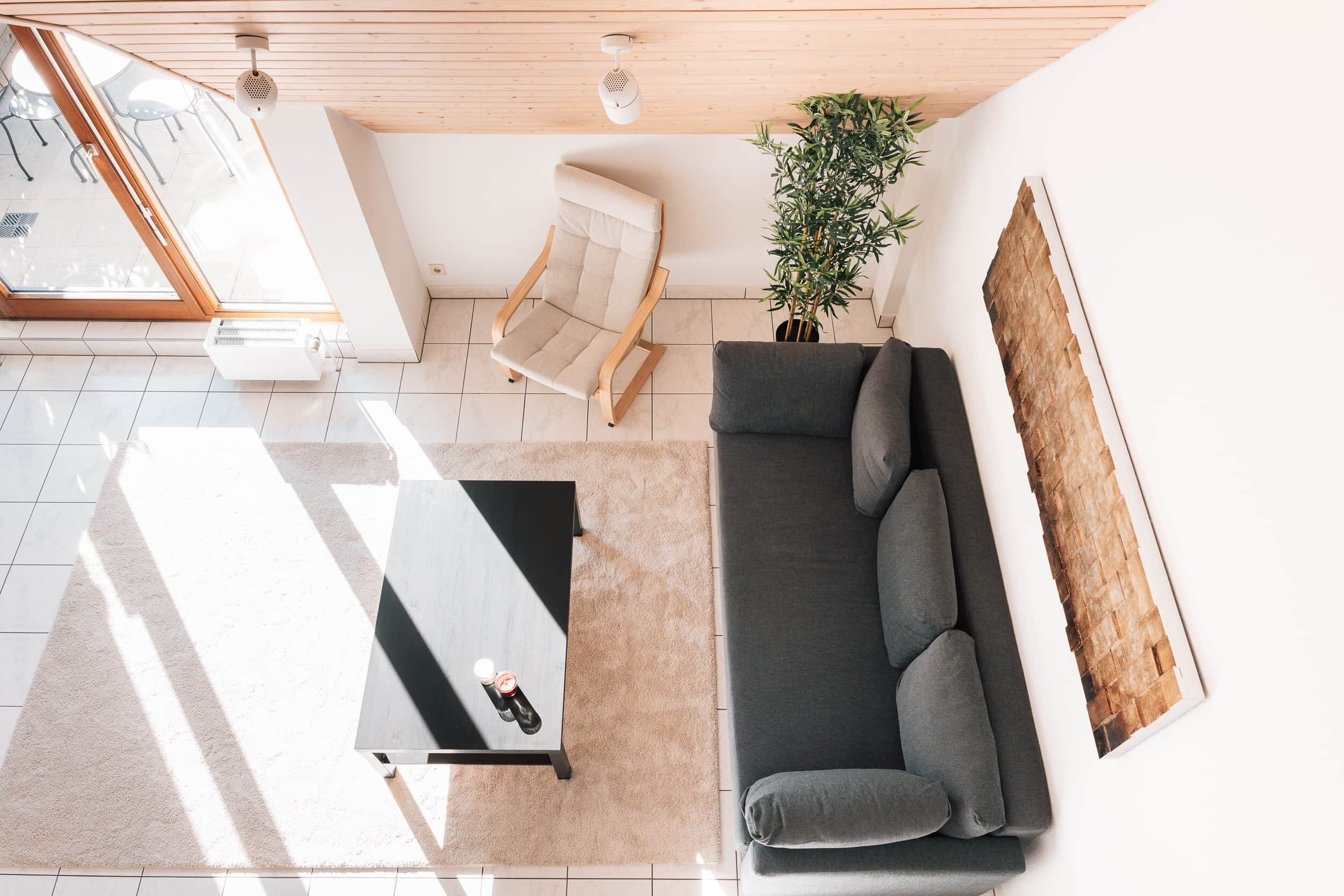 A modern living room with a sofa, a chair, a coffee table, and a potted plant.