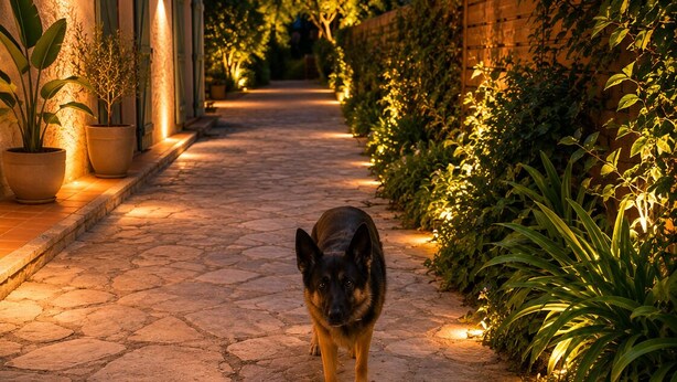 A paved pathway with potted plants and a dog standing in the center. - *Ma bulle* private house (La Cadière-d'Azur)