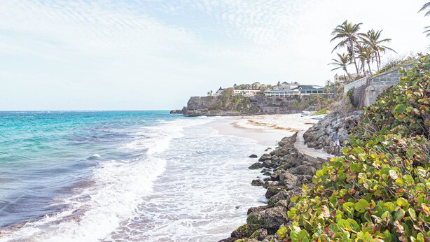 A coastal hotel with a rocky shoreline, a paved walkway, and palm trees. - Charming 2-bedroom Apartment with AC at gorgeous Crane Beach (Bridgetown)